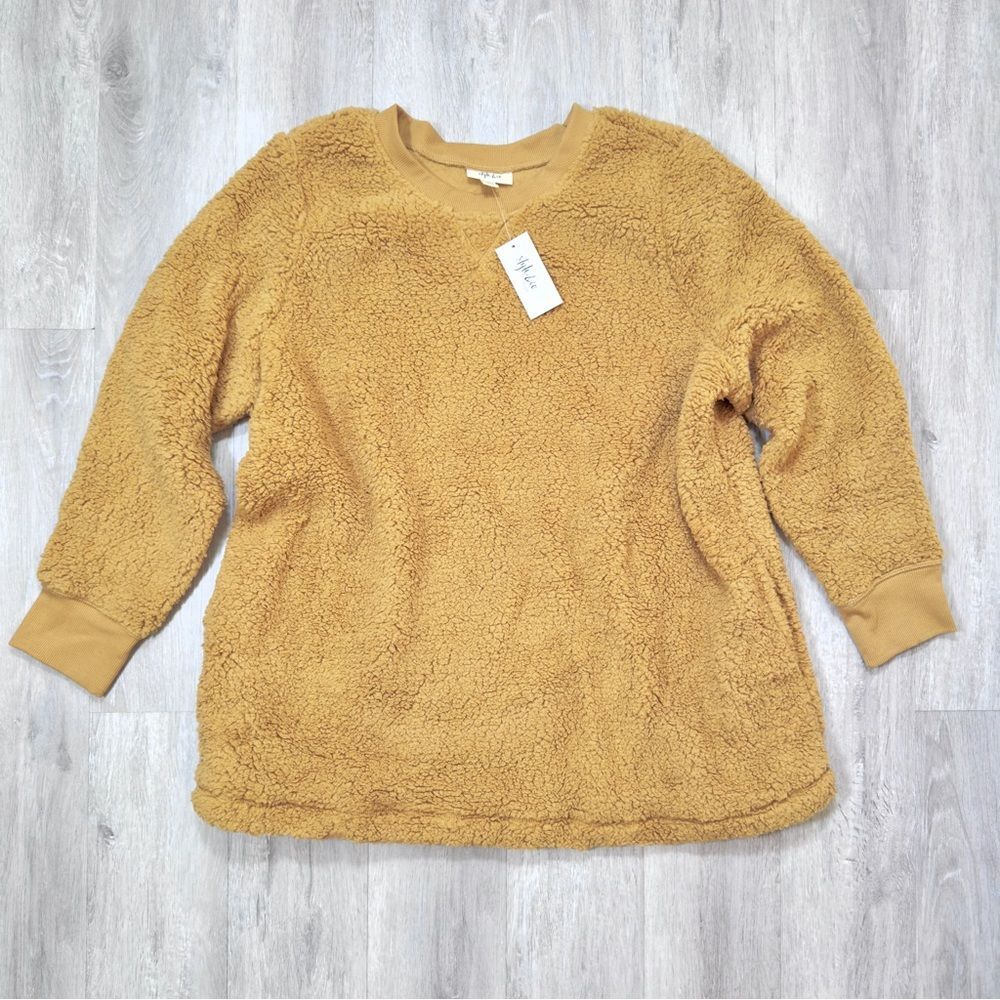 Women's Sherpa Fleece Sweater 1X NWT Camel Tan Mustard Plush Cozy Warm Pullover